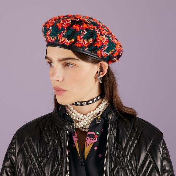 NWT GUCCI LAME BERET CAP Check Lame Sz S Multicolour Orange Tweed - Picture 1 of 15
